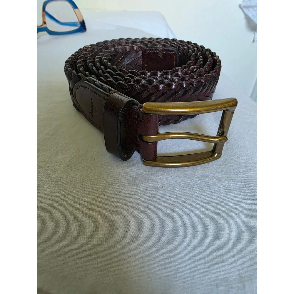 Tommy Bahama Mens‎ Braided Leather Belt Brown Woven Brass Buckle Marlin Logo